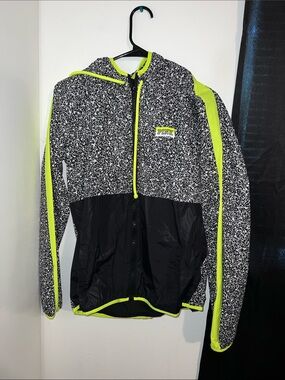 PINK Victoria's Secret Black & Neon Yellow Speckled Windbreaker Jacket